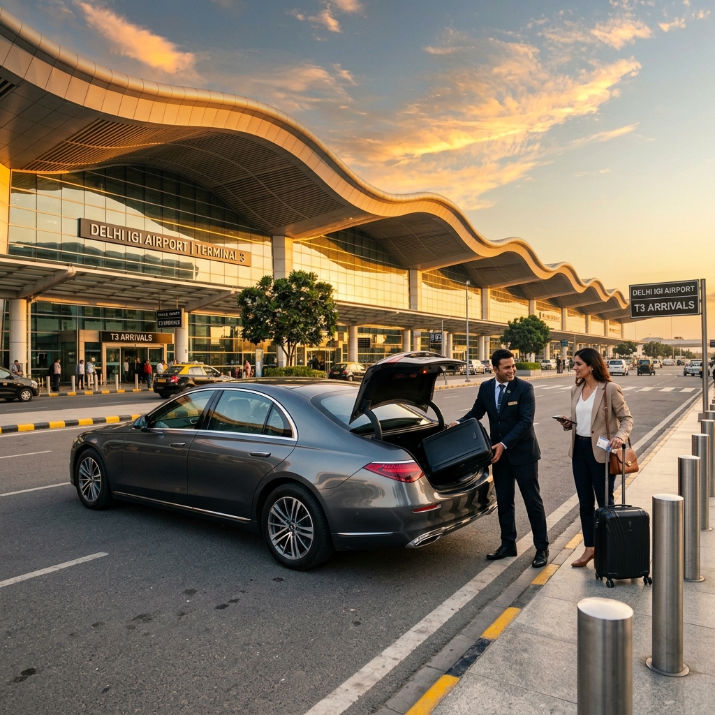 Delhi IGI Airport transfers — luxury sedan dropping off passenger at Terminal 3