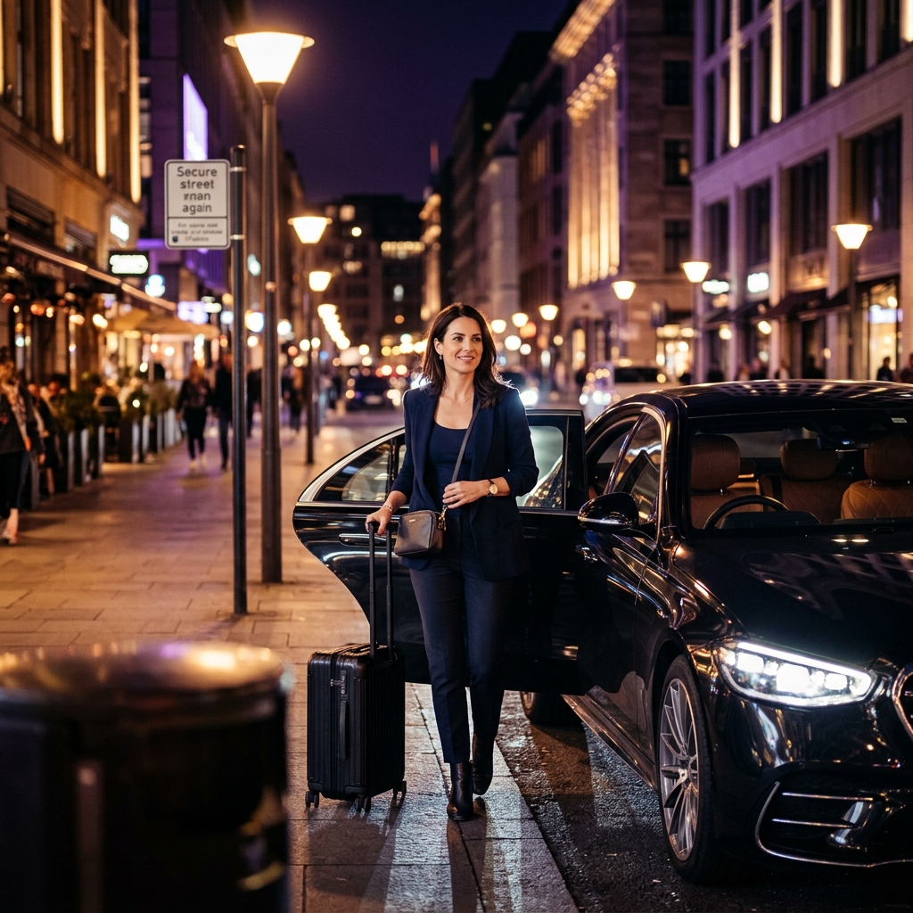 Women safety priority — Confident female passenger stepping out of premium car